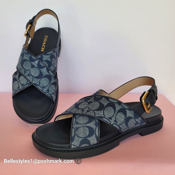 COACH Fraser Sandal In Signature Jacquard Chambray- Midnight Navy. Women's 9.5B - Picture 1 of 16